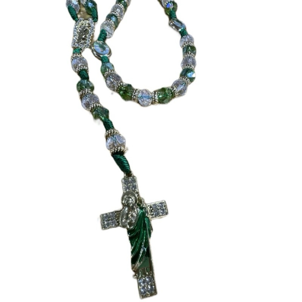 Elegant San Judas Green and Silver Beaded Necklace with Cross Pendant